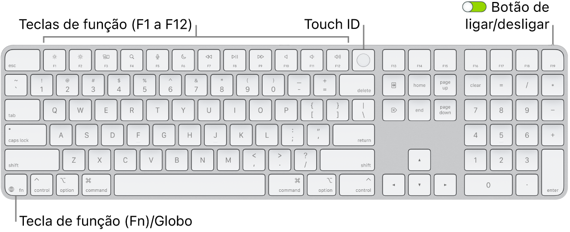 Teclado Magic Keyboard com Touch ID e teclado numérico a mostrar a linha de teclas de função e Touch ID na parte superior, e a tecla de função (Fn)/Globo à direita da tecla Delete.