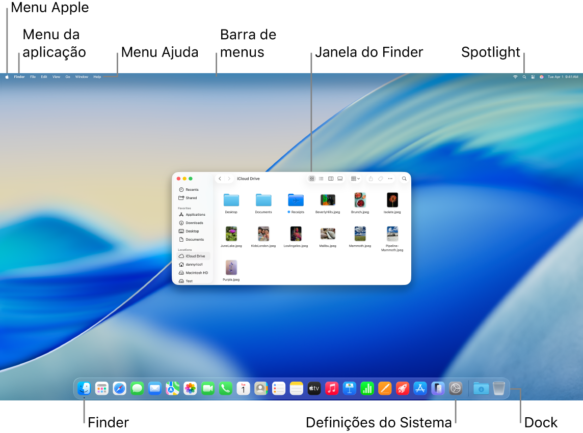 Ecrã do Mac que mostra o menu Apple, o menu da aplicação, o menu Ajuda, a barra de menus, uma janela do Finder, o ícone do Spotlight, o ícone do Finder, o ícone das Definições do Sistema e a Dock.