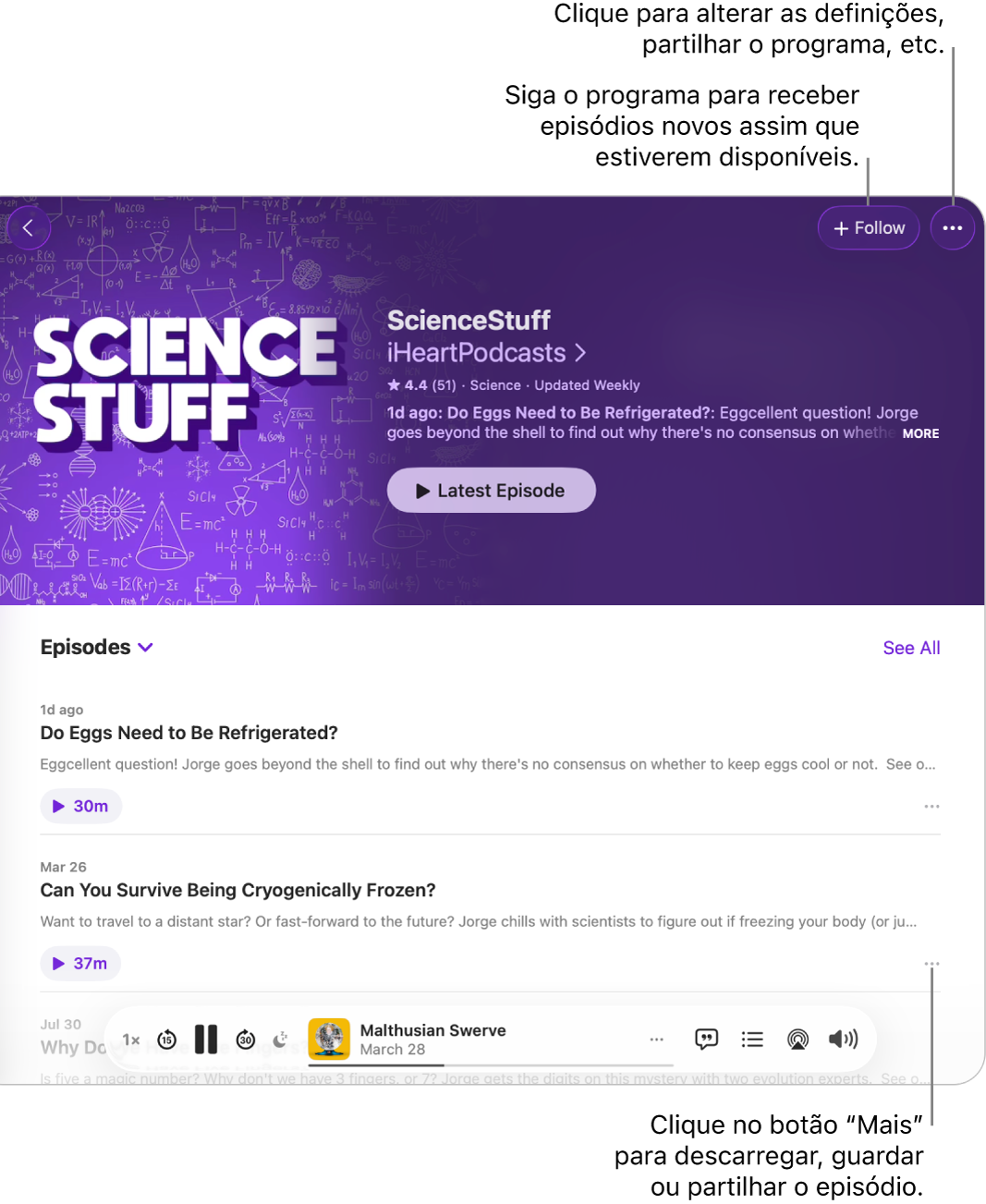 Uma janela da aplicação Podcasts com uma lista de episódios de um podcast. O botão “Seguir”, na parte superior da janela, permite seguir o programa, e o botão “Mais”, junto de cada episódio, permite descarregar ou guardar o episódio.