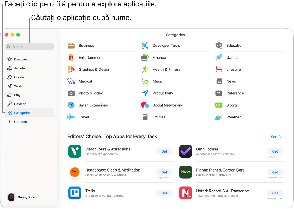 Fereastra App Store afișând câmpul de căutare și categoriile de aplicații.