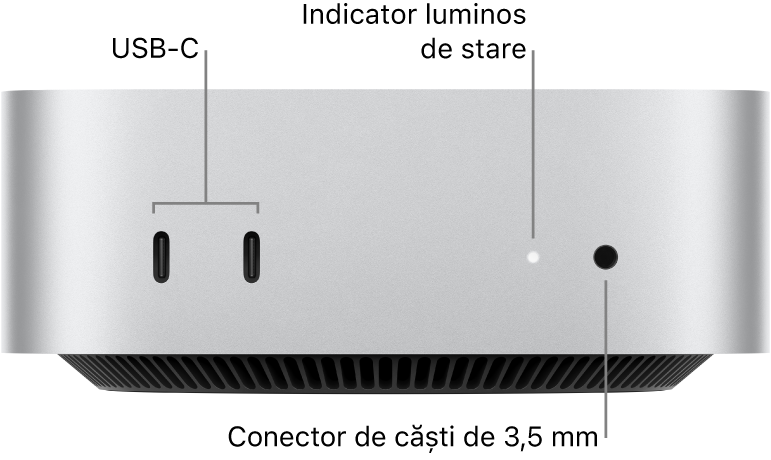 Partea frontală a Mac mini‑ului afișând două porturi USB-C, indicatorul luminos de stare și mufa pentru căști de 3,5 mm.