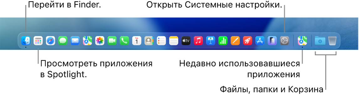 В панели Dock показаны значки Finder и Системных настроек, а также линия в Dock, отделяющая приложения от файлов и папок.