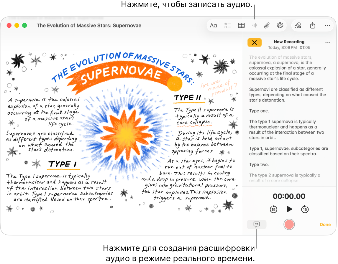 В окне приложения «Заметки» показана заметка с аудиозаписью. Открыт экран сведений об аудио, в котором отображается расшифровка аудиозаписи.