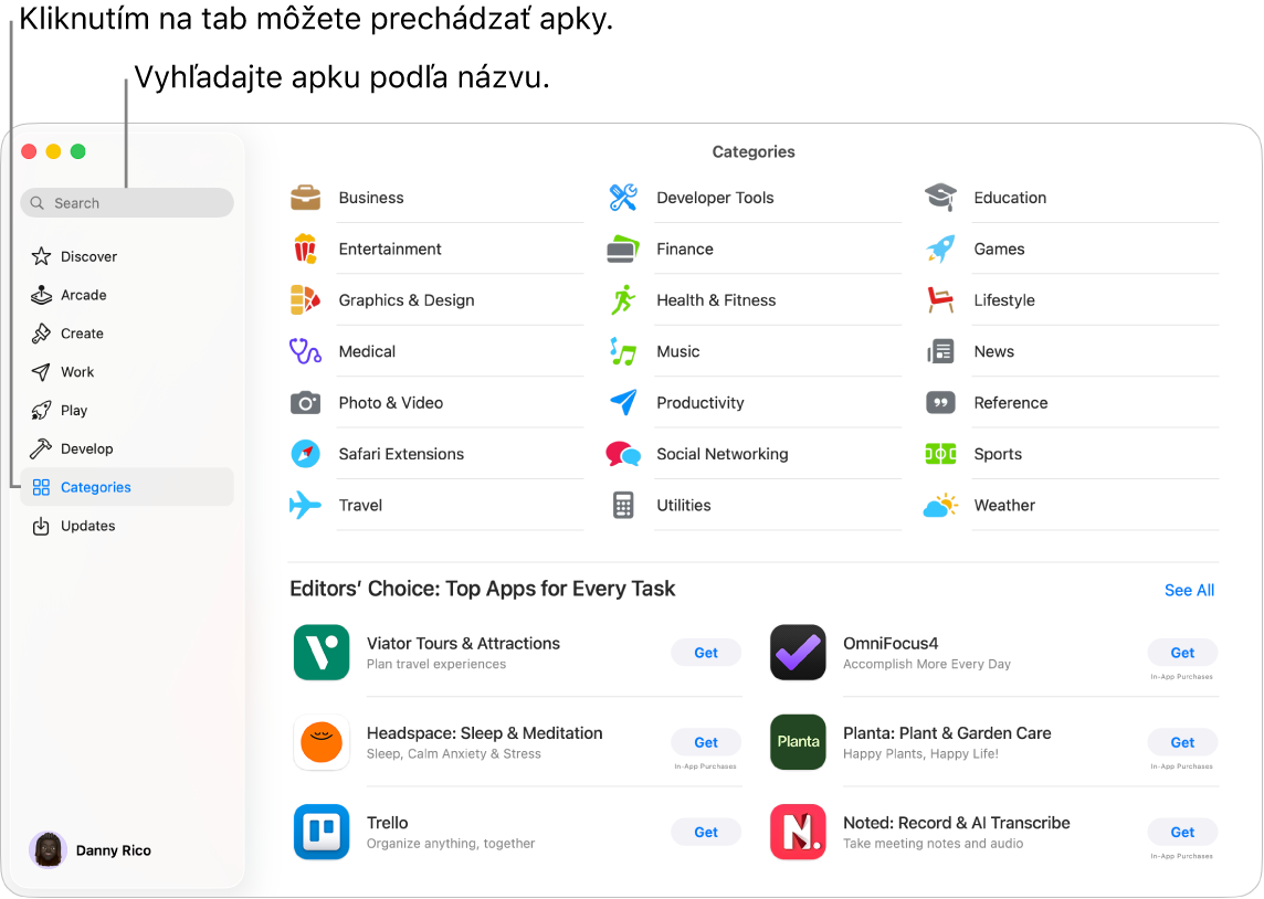 Okno App Storu zobrazujúce vyhľadávacie pole a kategórie apiek.