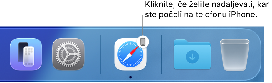 Ikona Handoff je vidna v vrstici Dock.