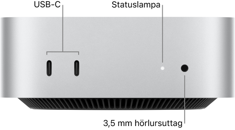 Framsidan på Mac mini med två USB-C-portar, statuslampan och ett 3,5 mm hörlursuttag.