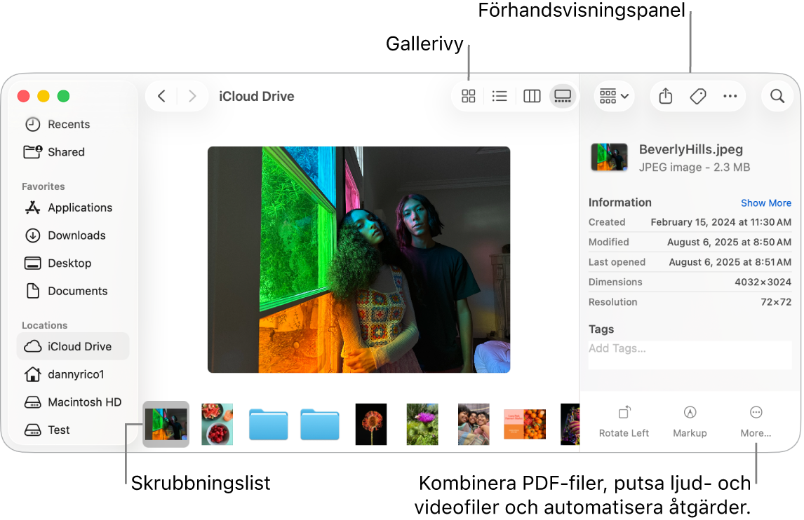 Ett öppet Finder-fönster i gallerivy som innehåller en stor bild med en rad mindre bilder (skrubbningslisten) under den. Reglage för rotation, märkning och annat finns till höger om skrubbningslisten.