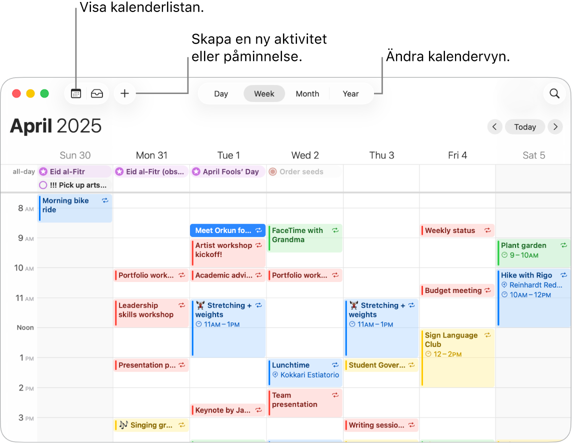 Ett Kalender-fönster visar alla aktiviteter och påminnelser som är schemalagda under veckan. Pilar pekar mot knapparna som visar kalenderlistan, skapar en aktivitet eller påminnelse och ändrar vyn till dag, vecka, månad eller år.
