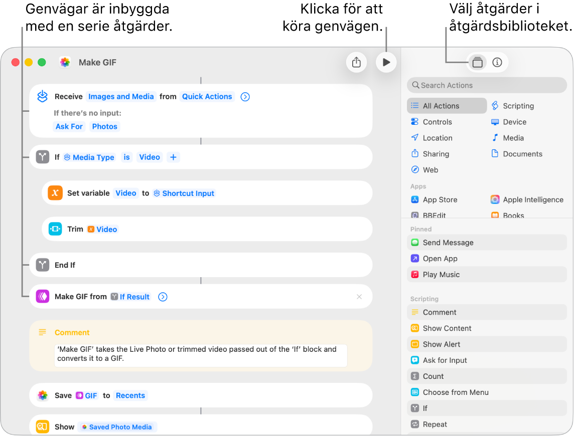 Genvägsredigeraren till vänster som visar åtgärderna i genvägen Skapa GIF.