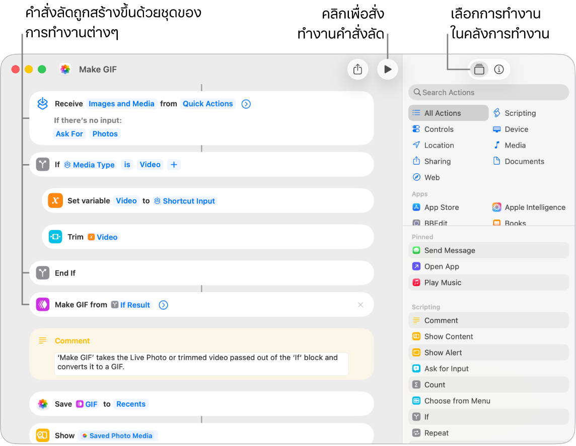 หน้าต่างแก้ไขคำสั่งลัดทางด้านซ้ายที่แสดงการทำงานในคำสั่งลัดสร้าง GIF