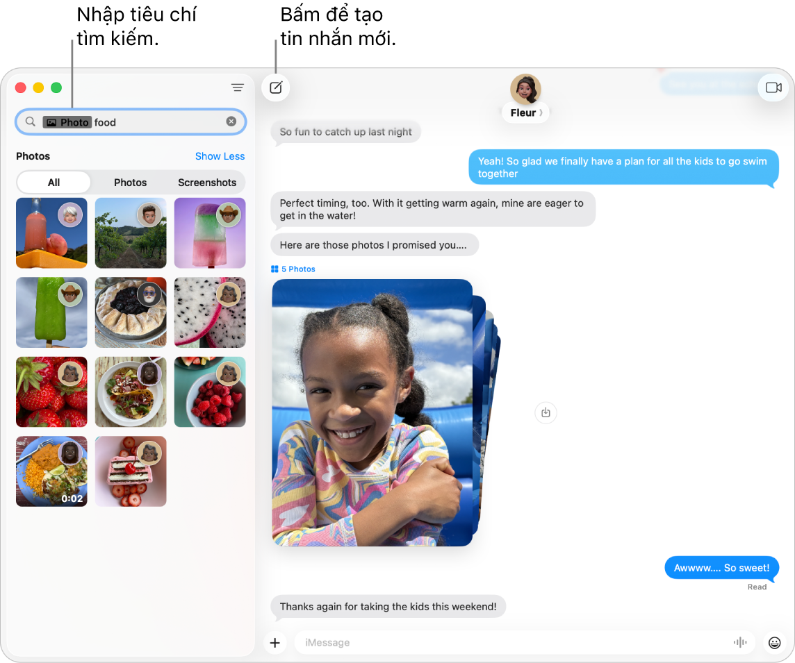Một cửa sổ Tin nhắn đang hiển thị kết quả tìm kiếm ở bên trái và một cuộc hội thoại ở bên phải.
