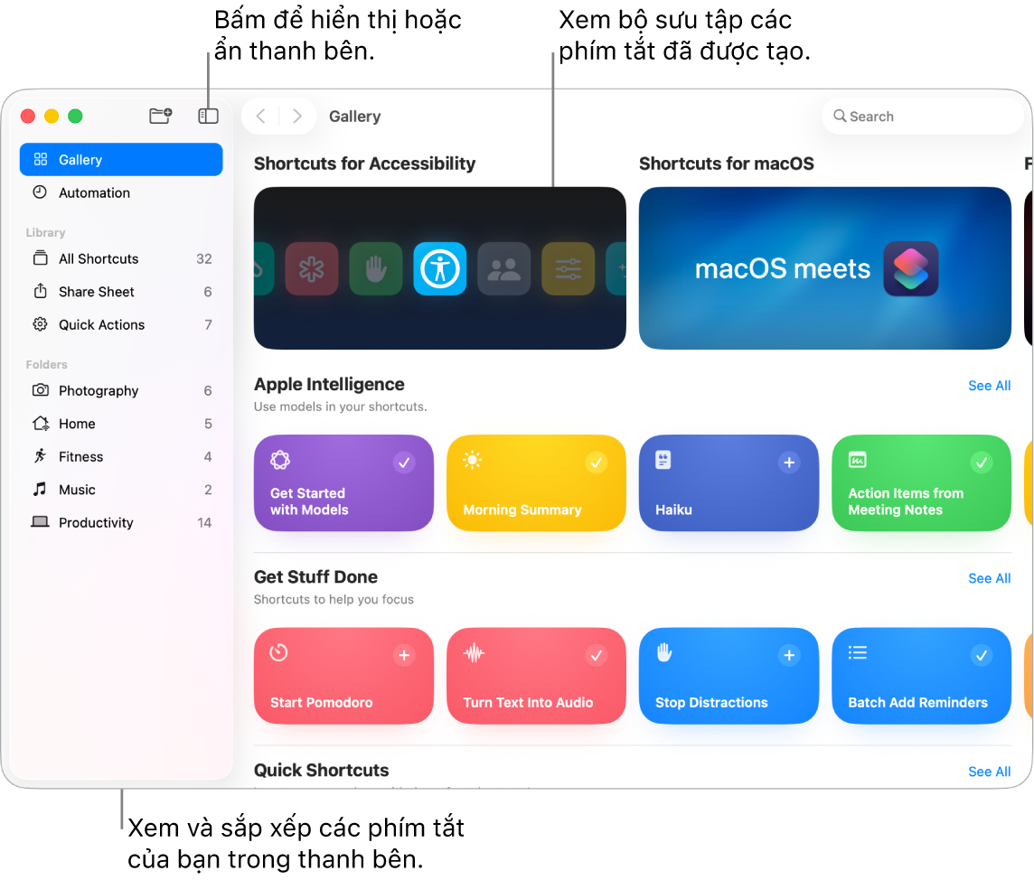 Cửa sổ Phím tắt với thanh bên được mở ở bên trái và Bộ sưu tập ở bên phải, với các bộ sưu tập phím tắt đã được tạo sẵn.