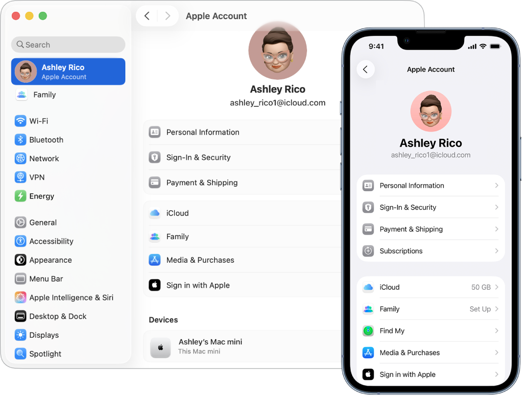 iPhone 和 Mac 上的 iCloud 設定。