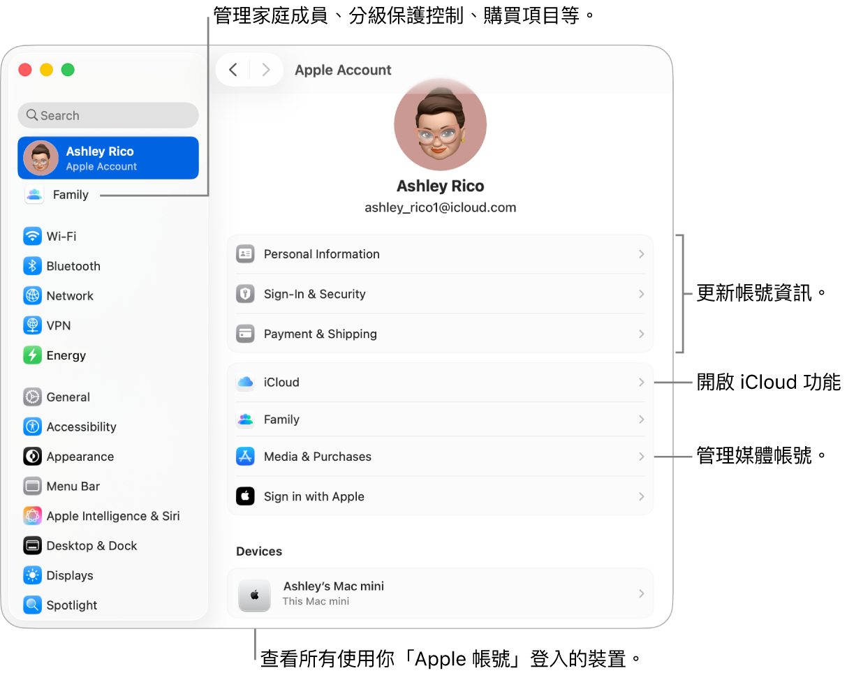 「系統設定」中的「Apple 帳號」設定包含更新帳號資訊、開啟或關閉 iCloud 功能、管理媒體帳號以及可管理家庭成員、分級保護控制、購買項目和更多內容的「家人共享」的說明框。