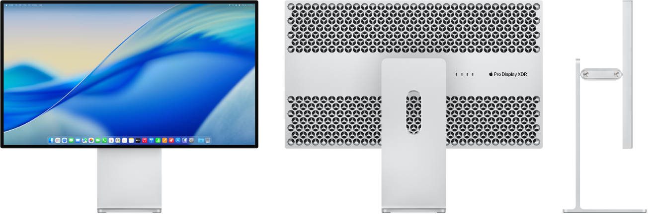 Pohled zepředu, zezadu a z boku na monitor Pro Display XDR na stojanu Pro Stand