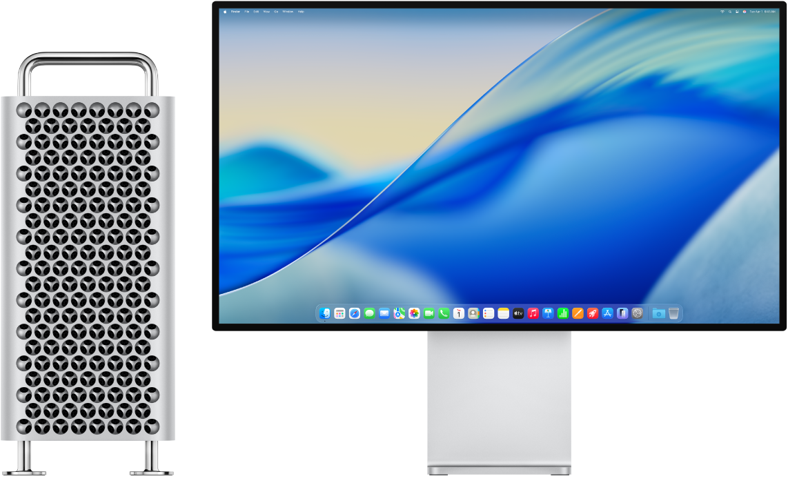 Mac Pro Tower og Pro Display XDR ved siden af hinanden.