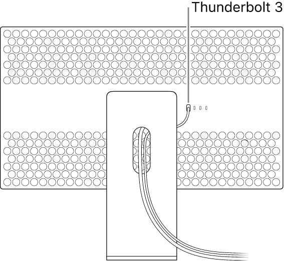 Тірек арқылы өткізілген және мониторға қосылған кабельдері бар Pro Stand тірегіне тіркелген Pro Display XDR мониторының арты.