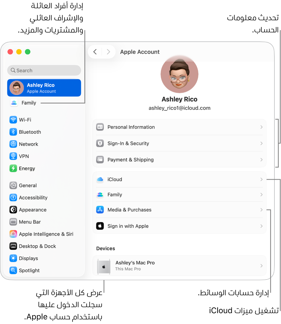 إعدادات حساب Apple في إعدادات النظام تحتوي على وسائل شرح لتحديث معلومات الحساب، وتشغيل ميزات iCloud أو إيقافها، وإدارة حسابات الوسائط، والعائلة، حيث يمكنك إدارة أفراد العائلة والإشراف العائلي والمشتريات والمزيد.