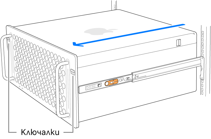 Mac Pro върху релси, прикрепени към рафт.