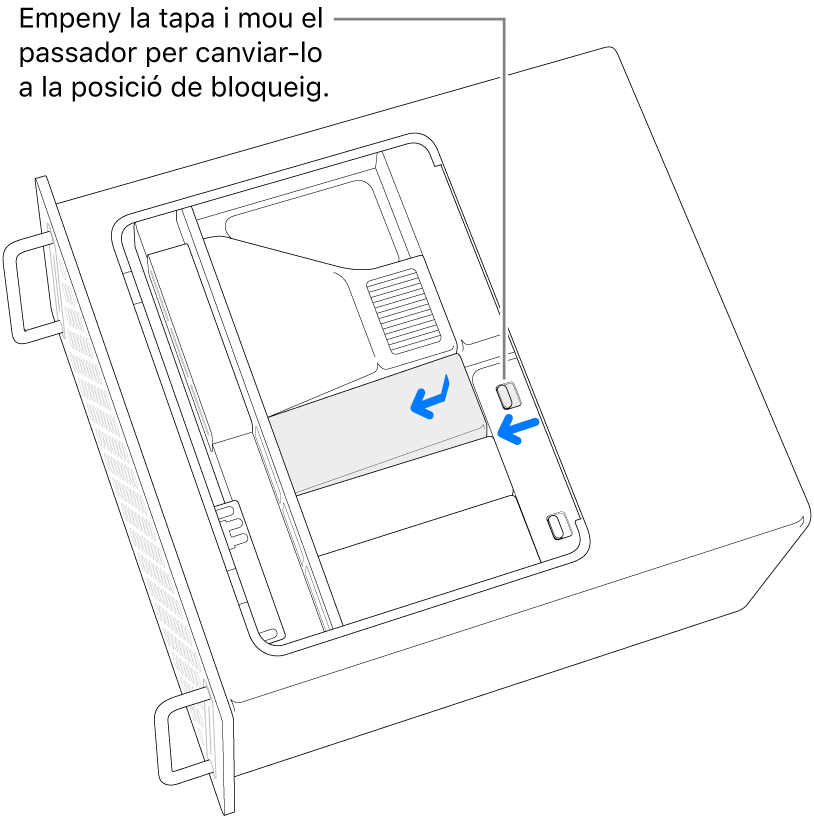 S’estan tornant a col·locar les cobertes de les unitats SSD fent lliscar el passador de bloqueig cap a l’esquerra i prement-lo cap a la coberta.