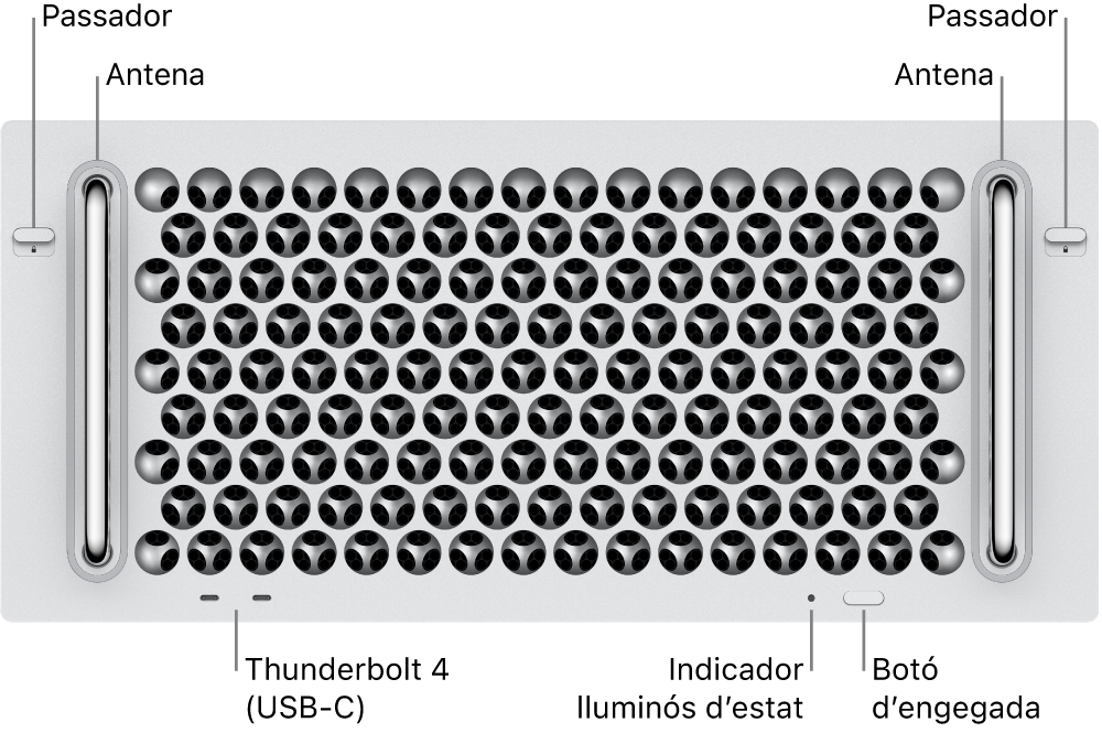 Part de davant del Mac Pro en què es veuen dos passadors, dues antenes, el botó d’engegada, l’indicador lluminós d’estat i dos ports Thunderbolt 4 (USB-C).