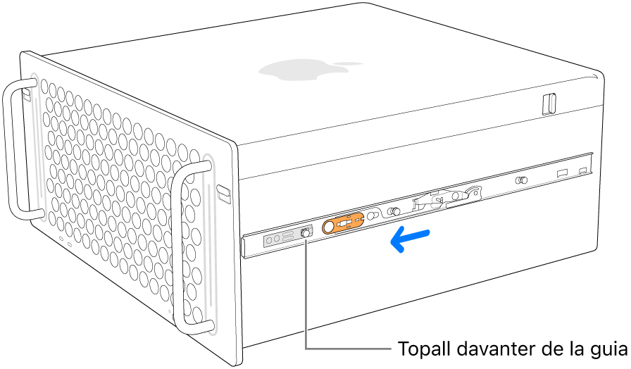 Es fa lliscar cap endavant la guia del Mac Pro, que queda fixada al seu lloc.
