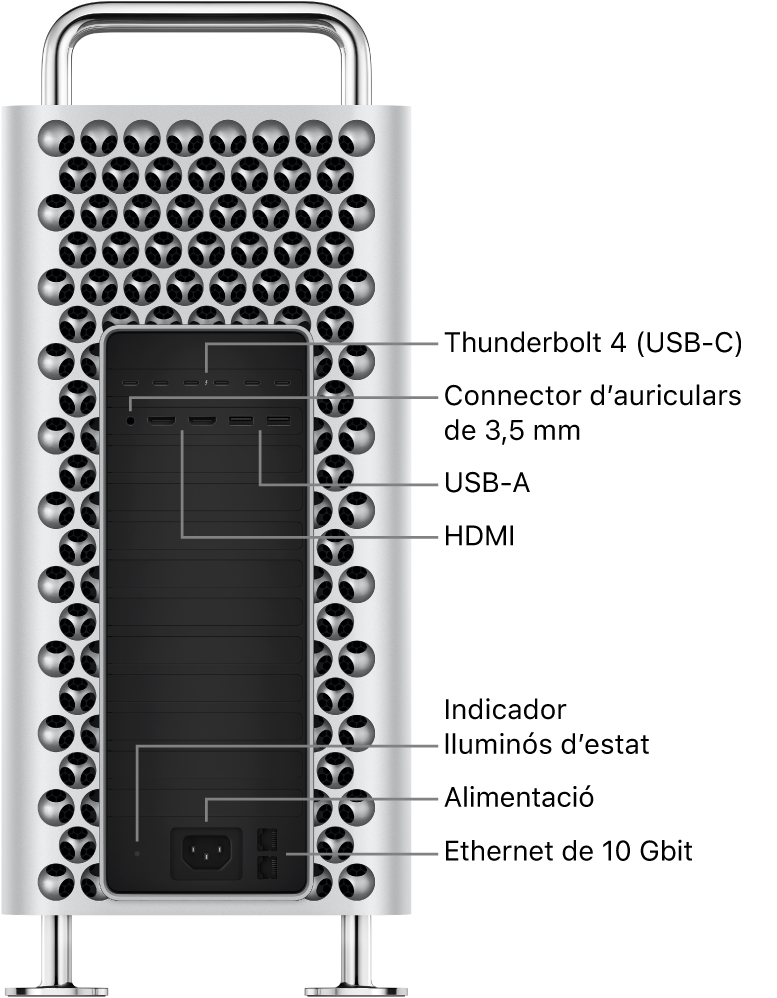 Vista lateral d’un Mac Pro en què es veuen els sis ports Thunderbolt 4 (USB-C), el connector d’auriculars de 3,5 mm, dos ports USB‑A, dos ports HDMI, l’indicador lluminós d’estat, el port d’alimentació i dos ports 10 Gbit Ethernet.