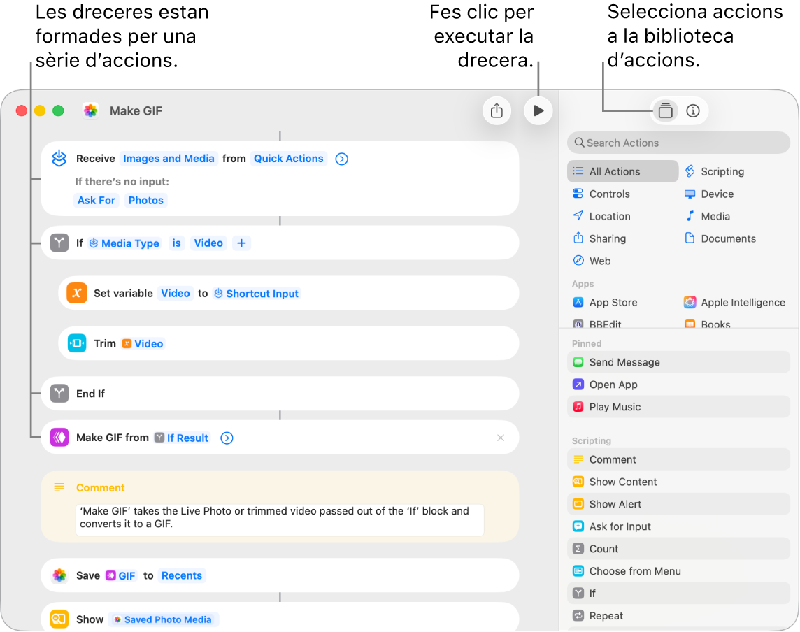 L’editor de dreceres a l’esquerra mostra les accions de la drecera per crear un GIF.
