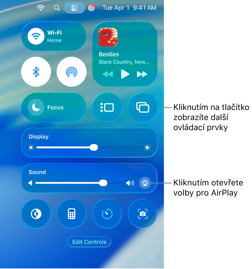 Zvětšené zobrazení Ovládacího centra na Macu