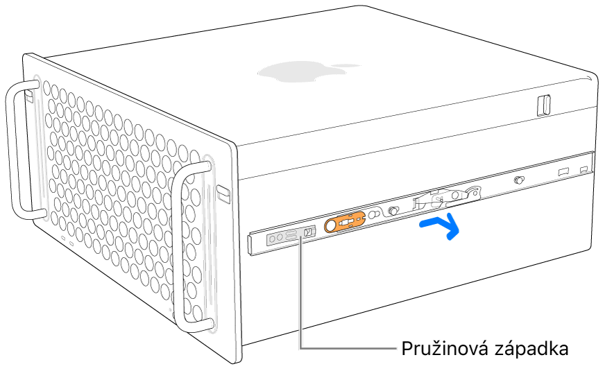 Sejmutí kolejničky z boční strany Macu Pro