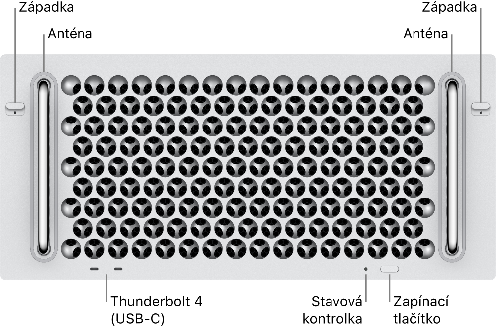 Přední strana Macu Pro se dvěma západkami, dvojicí antén, zapínacím tlačítkem, stavovou kontrolkou a dvěma porty Thunderbolt 4 (USB‑C)