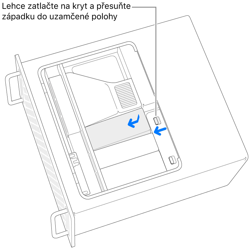 Zpětné uchycení krytů SSD modulů posunutím západky doleva a zatlačením na kryt
