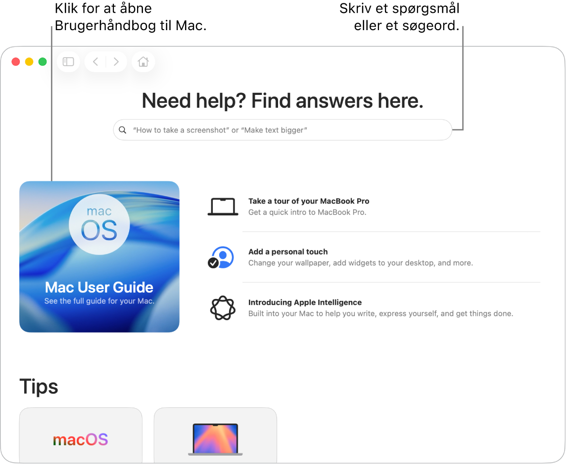 Landingssiden i appen Tips, der viser Brugerhåndbog til Mac, søgefeltet og foreslåede emner.