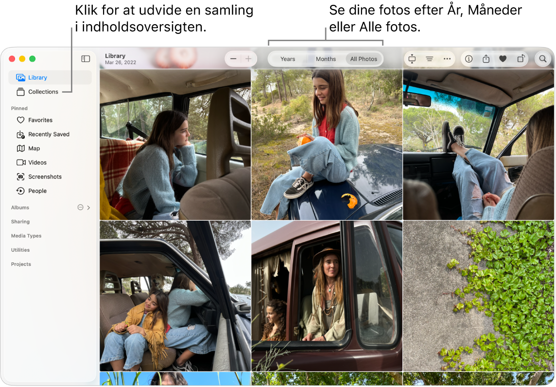 Vinduet Fotos viser biblioteket, hvor du kan se fotos efter år eller måned eller vælge at se alle fotos. Du kan også vælge mellem forskellige samlinger i indholdsoversigten.