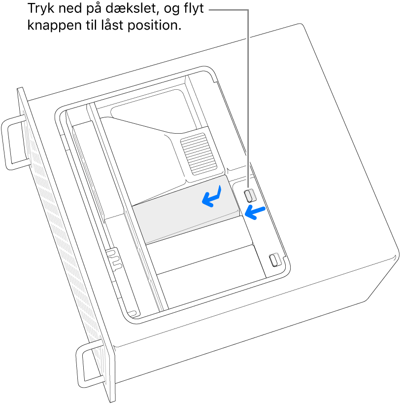 SSD-dækslerne sættes på igen ved at skubbe låseknappen til venstre og trykke ned på SSD-dækslet.