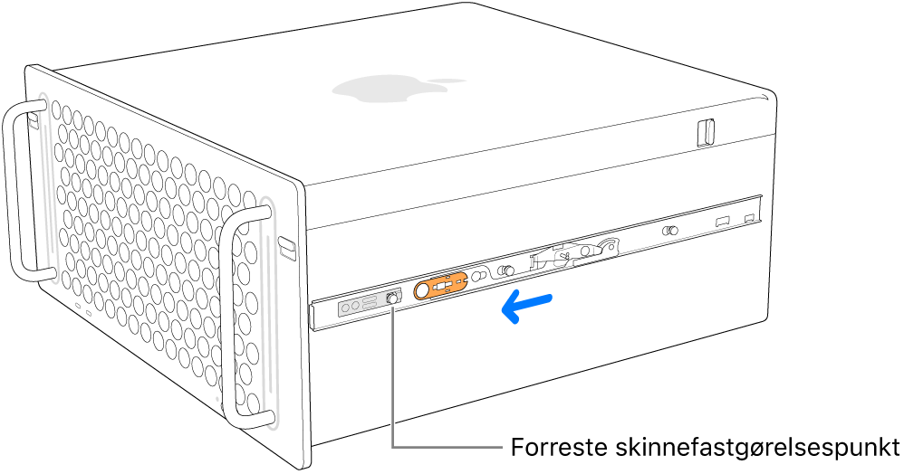 Mac Pro med en skinne, der skubbes fremad og låses fast.