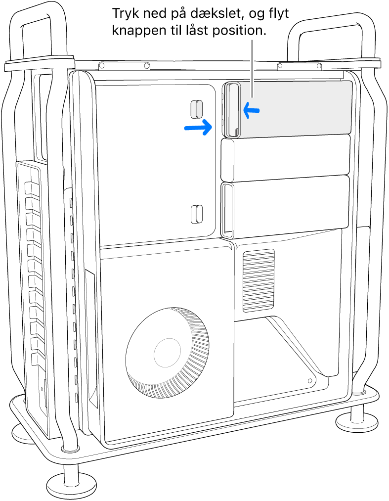 SSD-dækslerne sættes på igen ved at skubbe låseknappen til højre og trykke ned på SSD-dækslet.