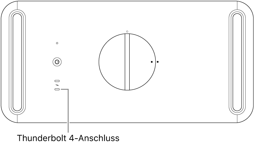 Die Oberseite des Mac Pro mit einer Beschriftung an dem richtigen, zu verwendenden Thunderbolt 4-Anschluss.