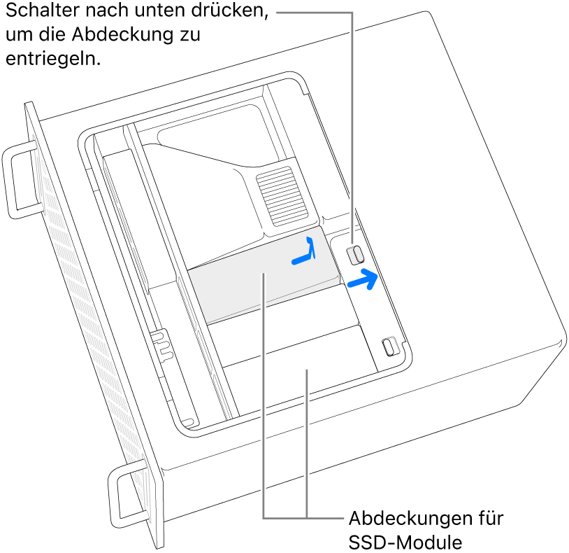 Der Schalter wird nach rechts bewegt, um die SSD-Abdeckung zu entsperren.