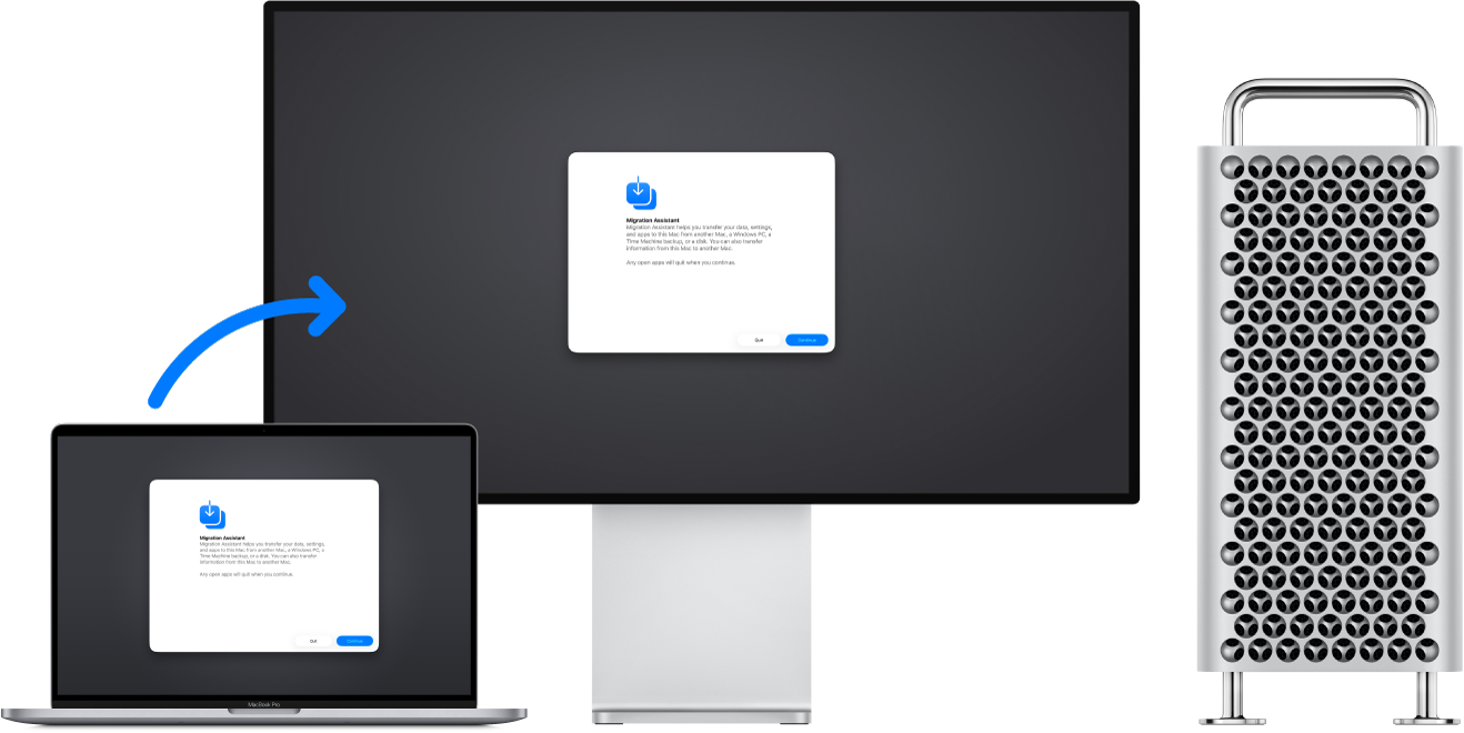 Ένα MacBook Pro και ένα Mac Pro με μια συνδεδεμένη οθόνη. Ο Βοηθός μετεγκατάστασης εμφανίζεται και στις δύο οθόνες και ένα βέλος από το MacBook Pro στο Mac Pro υποδεικνύει τη μεταφορά των δεδομένων από το ένα στο άλλο.