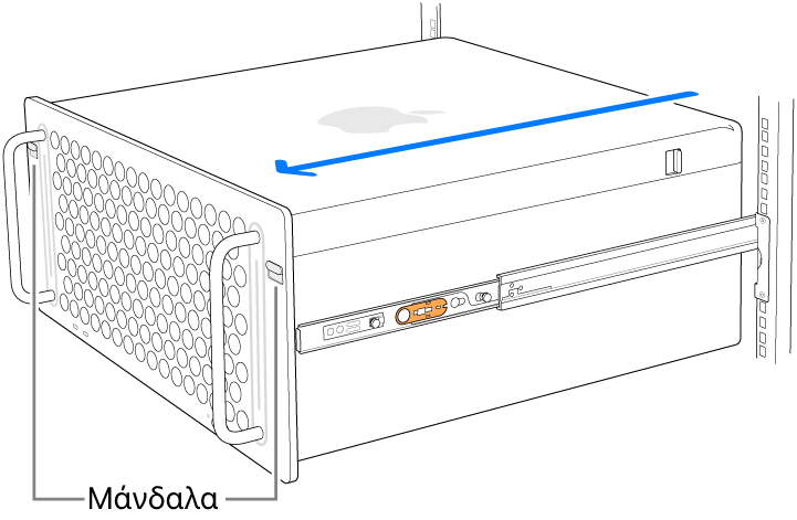 Mac Pro τοποθετημένο σε ράγες που έχουν προσαρτηθεί σε ικρίωμα.
