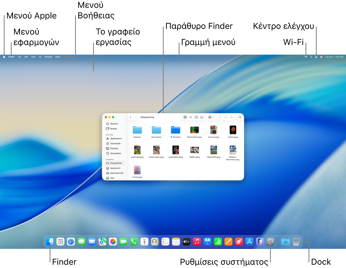 Οθόνη Mac όπου εμφανίζεται το μενού Apple, το μενού εφαρμογής, το μενού «Βοήθεια», το γραφείο εργασίας, η γραμμή μενού, ένα παράθυρο Finder, το εικονίδιο Wi-Fi, το εικονίδιο του Κέντρου ελέγχου, το εικονίδιο Finder, το εικονίδιο «Ρυθμίσεις συστήματος» και το «Dock».