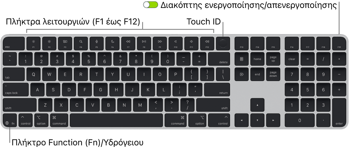 Το Magic Keyboard με Touch ID και αριθμητικό πληκτρολόγιο όπου φαίνονται η σειρά πλήκτρων λειτουργιών και το Touch ID στο πάνω μέρος, και το πλήκτρο Function (Fn)/Υδρογείου κάτω αριστερά.