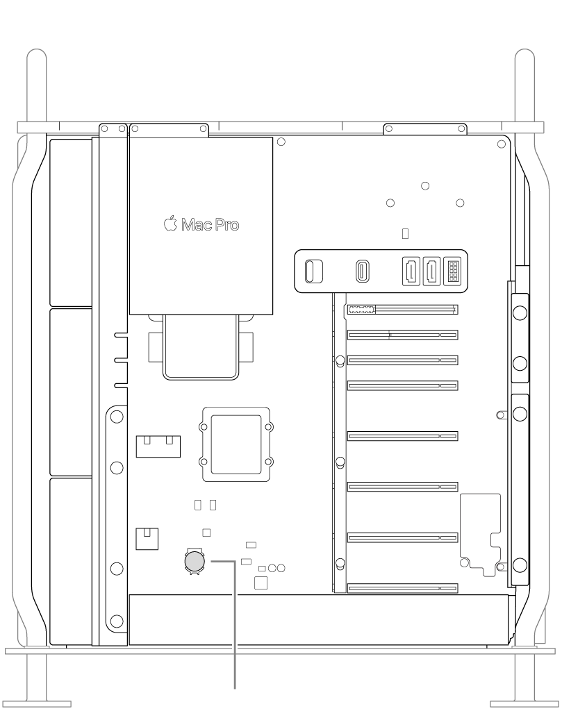 An open side view of Mac Pro illustrating where the coin cell battery is located.