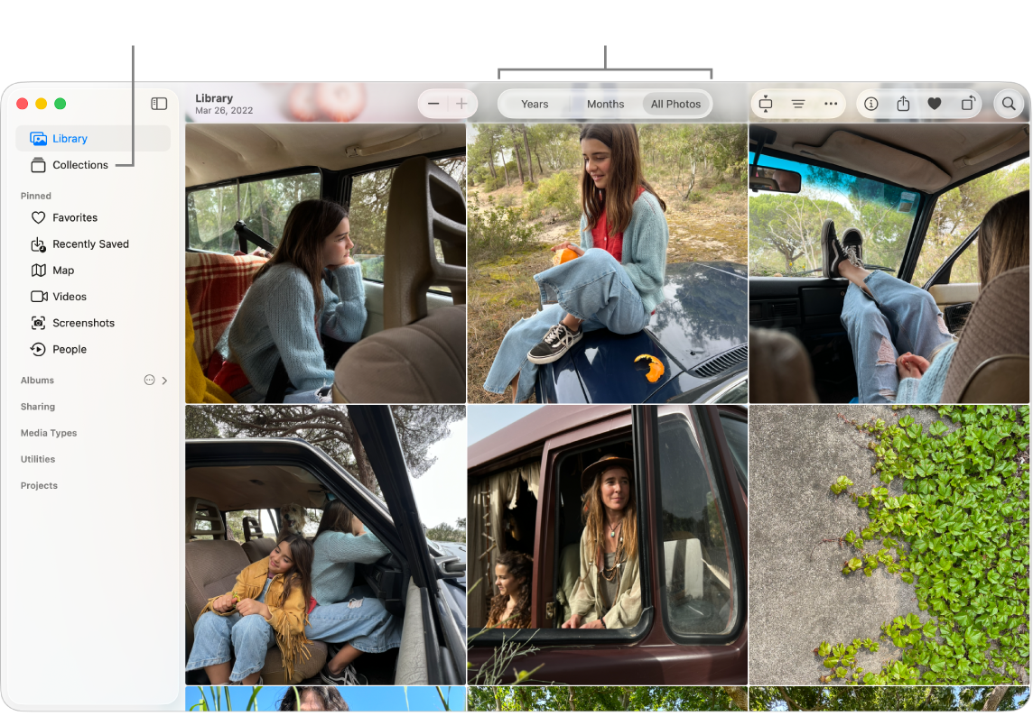 The Photos window showing the Library where you can view the photos by years, months, or all photos. You can also choose from different collections in the sidebar.