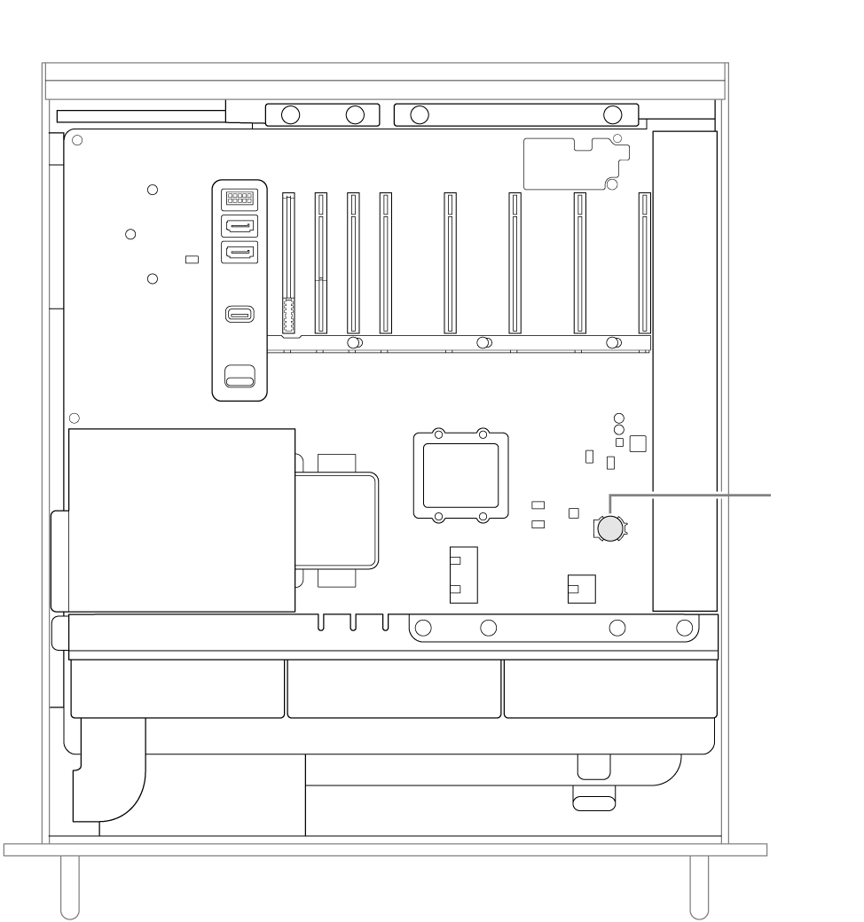 An open side view of Mac Pro illustrating where the coin cell battery is located.
