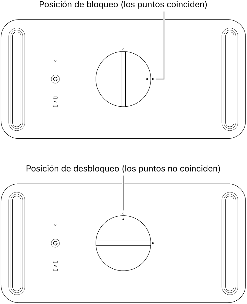 Parte superior de la carcasa de la computadora mostrando el pestillo en la posición de bloqueo y desbloqueo.