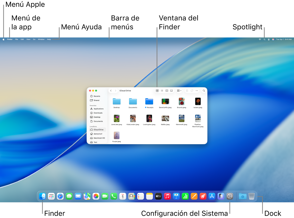 La pantalla de una Mac mostrando el menú Apple, el menú App, el menú Ayuda, la barra de menús, una ventana del Finder, el ícono de Spotlight, el ícono del Finder, el ícono de Configuración del Sistema y el Dock.