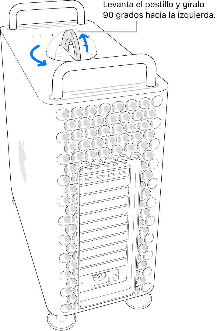 El primer paso para extraer la carcasa de la computadora levantando el pestillo y girándolo 90 grados.