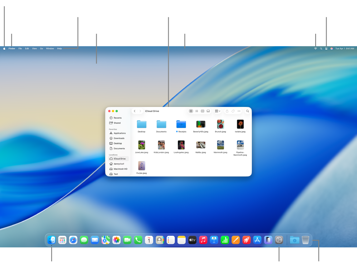 Pantalla de una Mac mostrando el menú Apple, el menú de la app, el menú de Ayuda, el escritorio, la barra de menús, una ventana del Finder el ícono de Wi-Fi, el ícono del centro de control, el ícono del Finder, el ícono de Configuración del Sistema y el Dock.